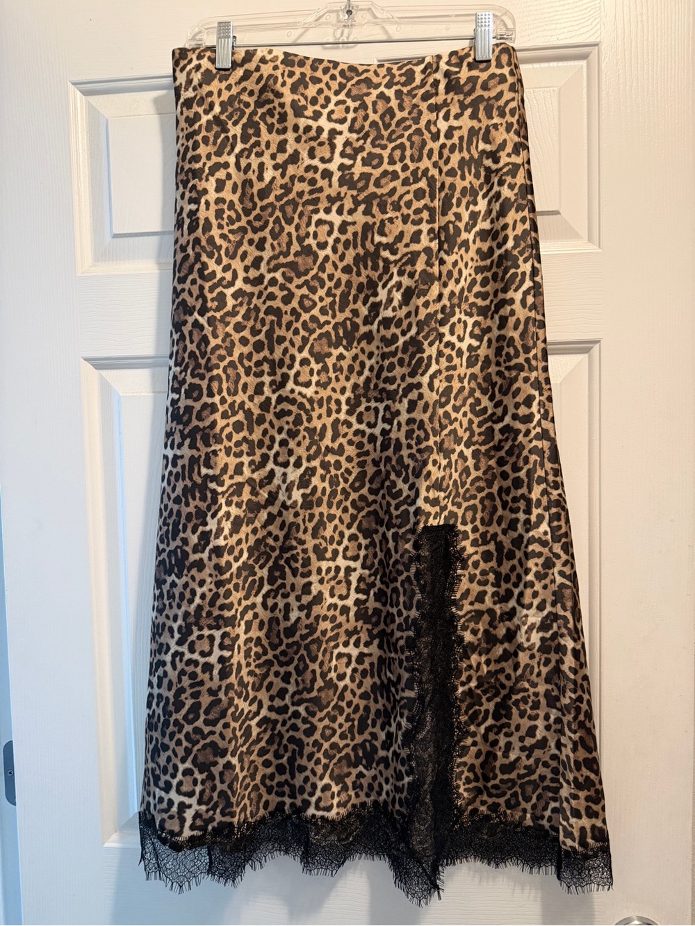 LOFT NWT Leopard Print Midi Slip Skirt with Black Lace Trim